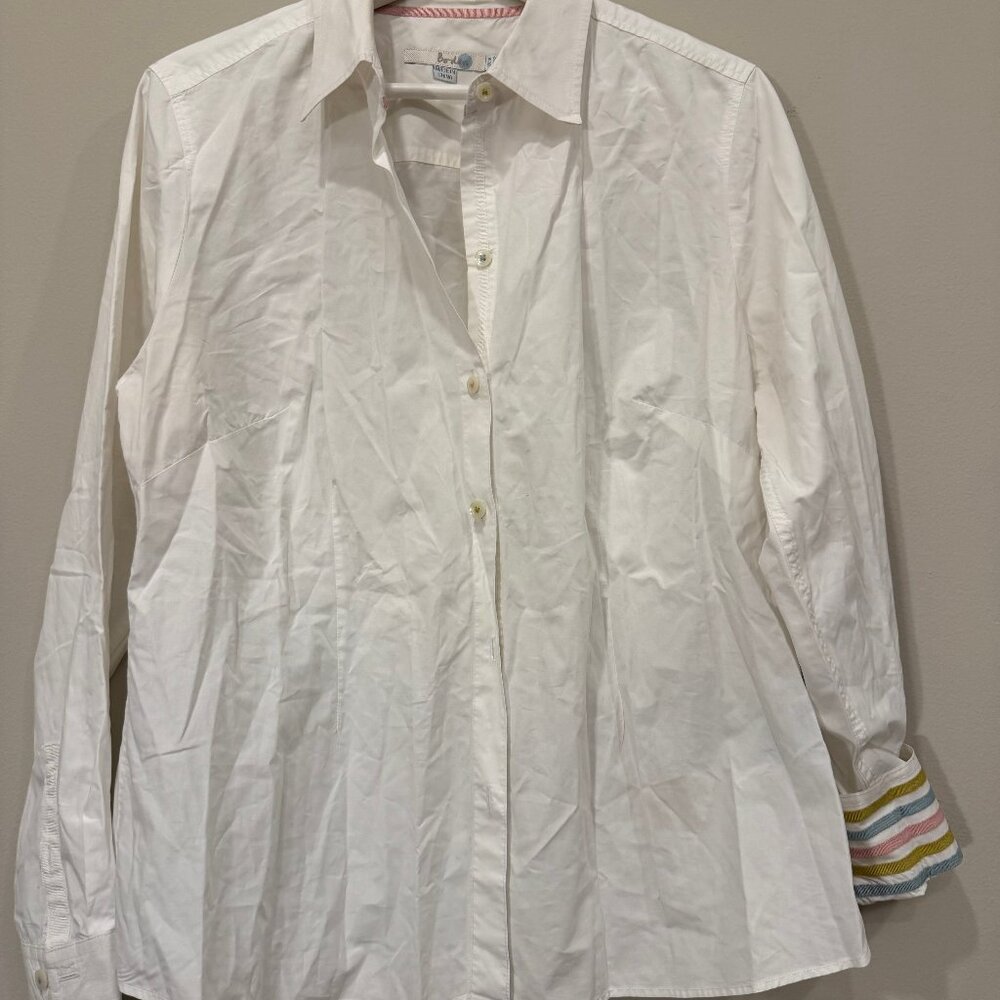 Boden Women’s Button Down Shirt Size 16 White Cotton Striped Cuff Long Sleeve